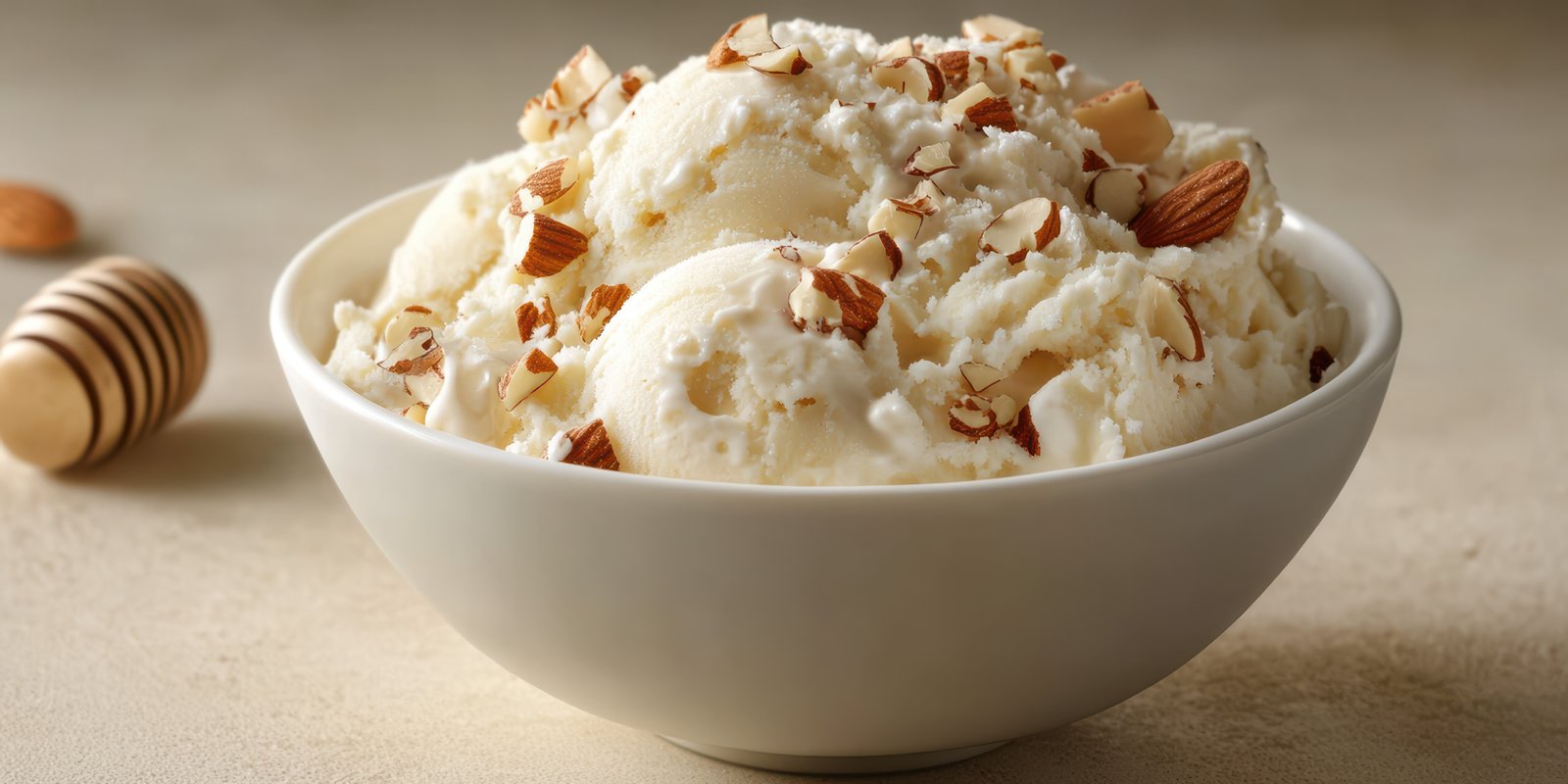 Delicious bowl of creamy vanilla ice cream topped with crunchy almonds and honey drizzles at a summer gathering